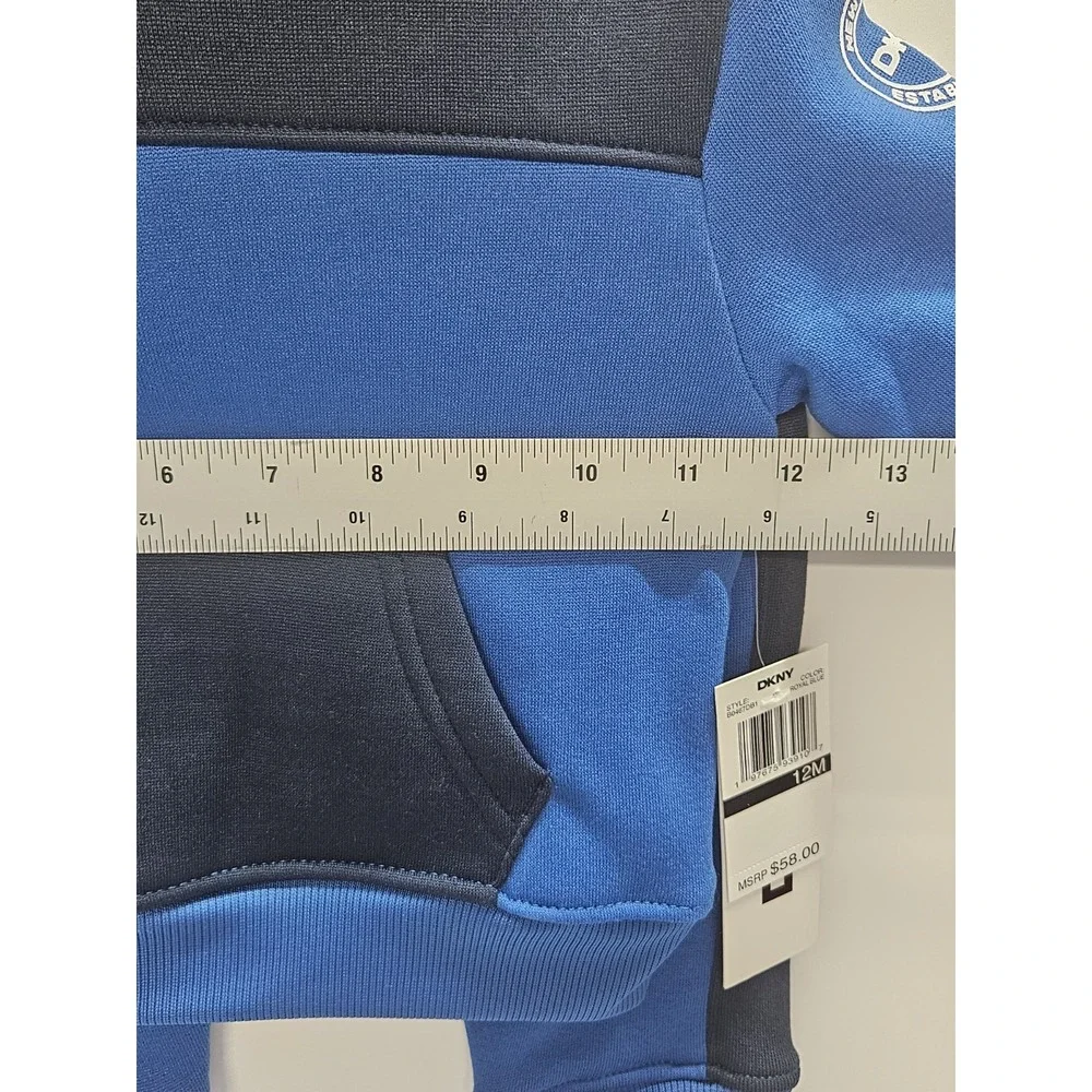 DKNY  12M, Set‎ Of 3, Blue Pull Over Hoodie/Blue Pants/ Crew Neck White T Shirt